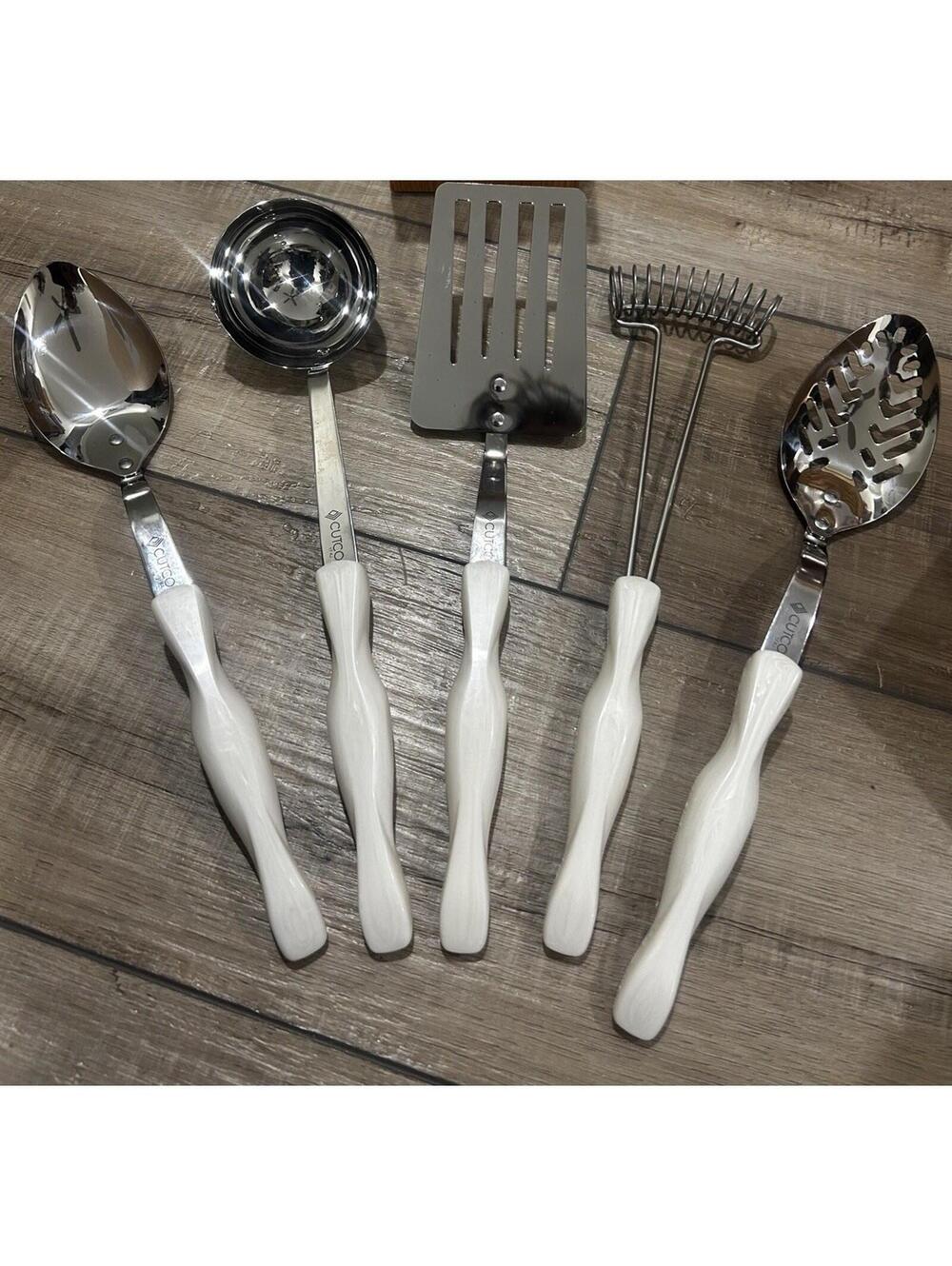 5 White Pearl Handle CUTCO Kitchen Utensils Spatula Ladle Spoons Whisk Lot